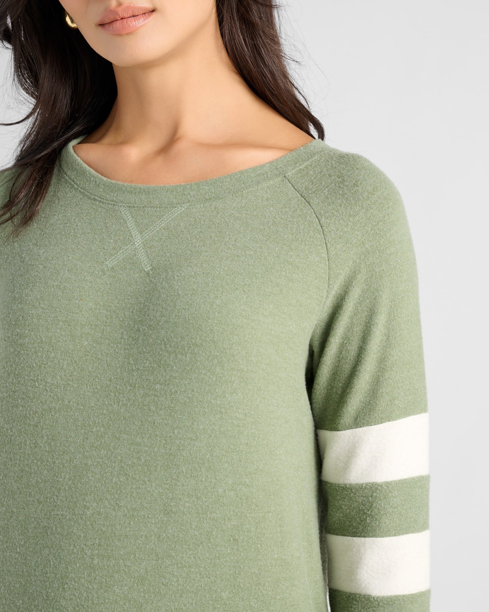 Heather Olive/Cream $|& SEAS Shoreline Varsity Cozy Top - SOF Full Front