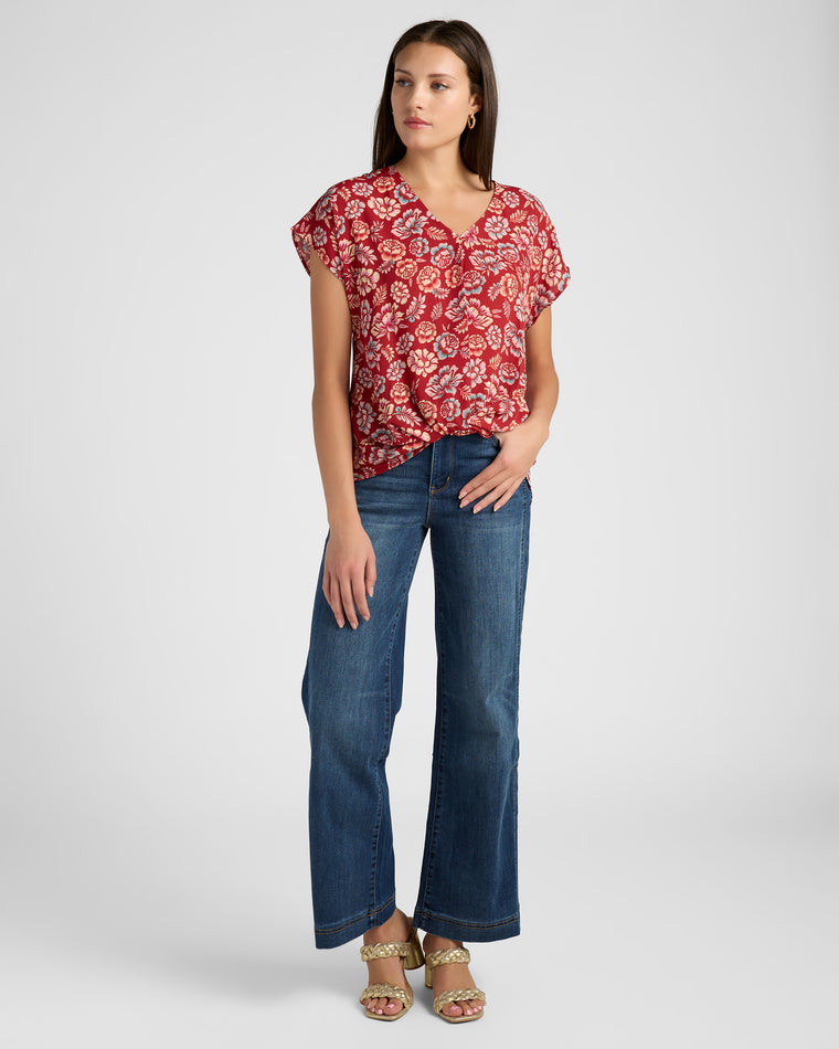 Red $|& West Kei Floral Woven Short Sleeve Twist Front Top - SOF Full Front