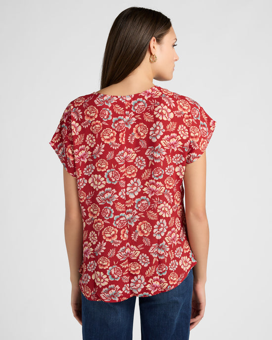 Red $|& West Kei Floral Woven Short Sleeve Twist Front Top - SOF Back