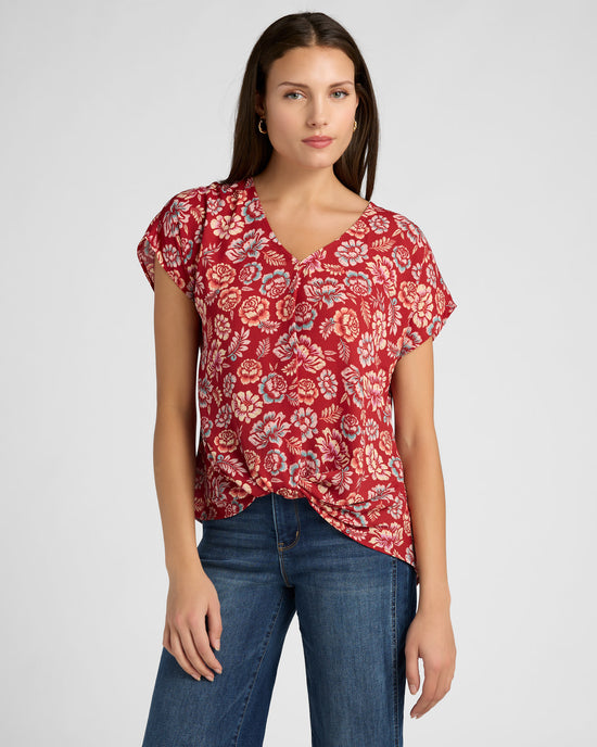 Red $|& West Kei Floral Woven Short Sleeve Twist Front Top - SOF Front