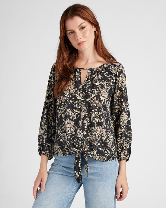 Black/Brown $|& West Kei Floral Woven 3/4 Sleeve Tie Front Top - SOF Front