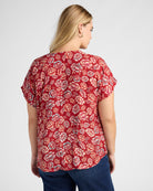 Red $|& West Kei Floral Woven Short Sleeve Twist Front Top - SOF Back