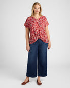 Red $|& West Kei Floral Woven Short Sleeve Twist Front Top - SOF Full Front