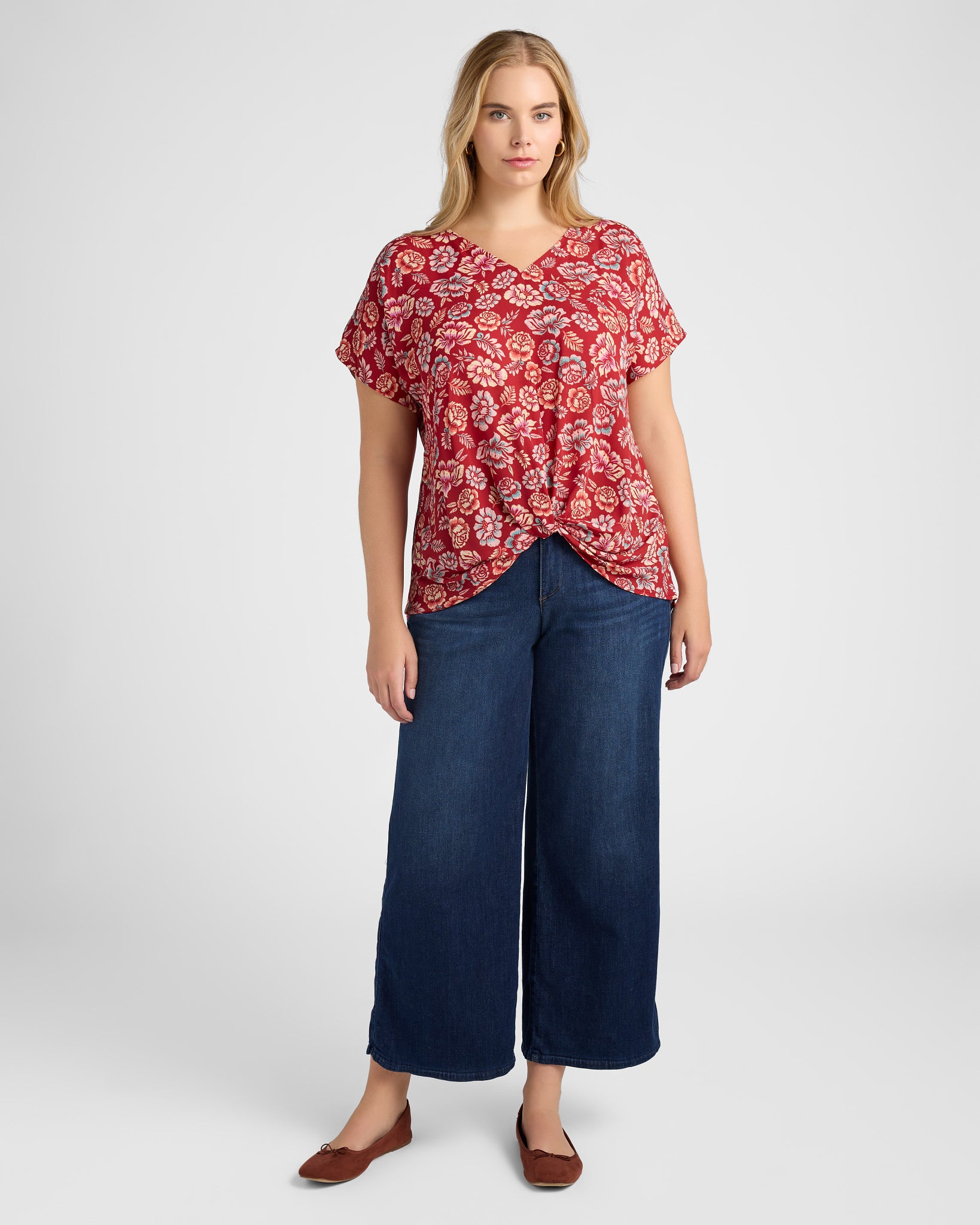 Red $|& West Kei Floral Woven Short Sleeve Twist Front Top - SOF Full Front
