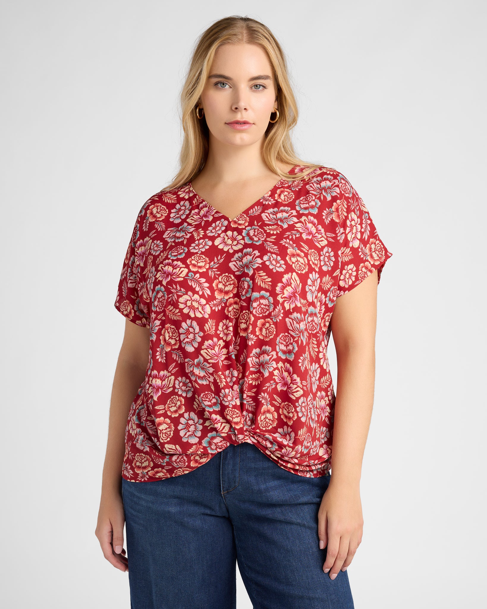 Red $|& West Kei Floral Woven Short Sleeve Twist Front Top - SOF Front
