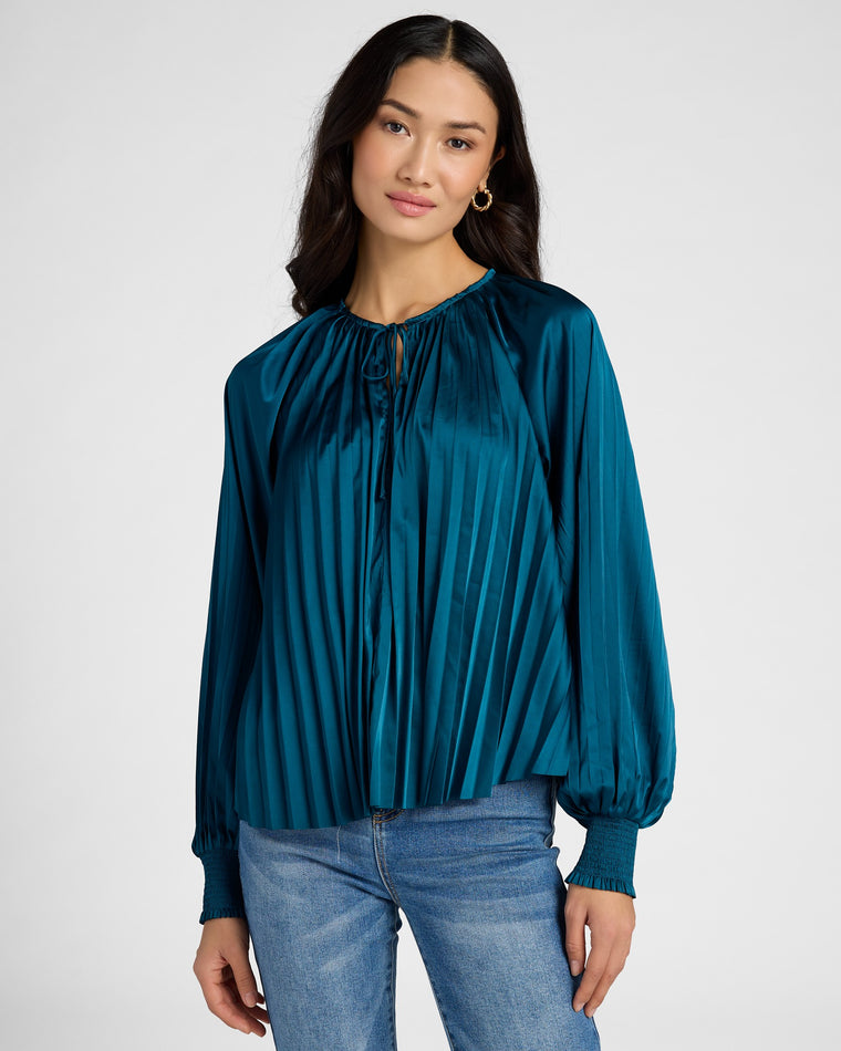 Deep Teal $|& Dear John Deletta Pleated Tie Front Top - SOF Front