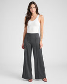 Black/Charcoal Herringbone $|& Max Studio High Waist Front Seam Wide Leg Ponte Pant - SOF Full Front