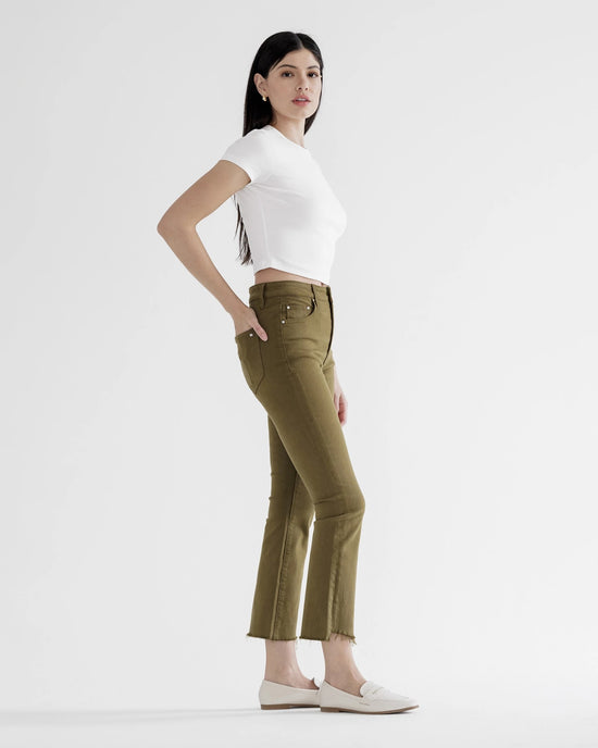 Moss Olive $|& Mica Denim High Rise Cropped Straight Leg Jeans - VOF Side