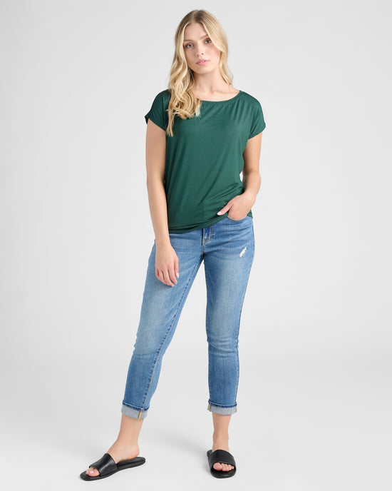 Hunter Green $|& 78&SUNNY Edgewater Off The Shoulder Tee - SOF Full Front