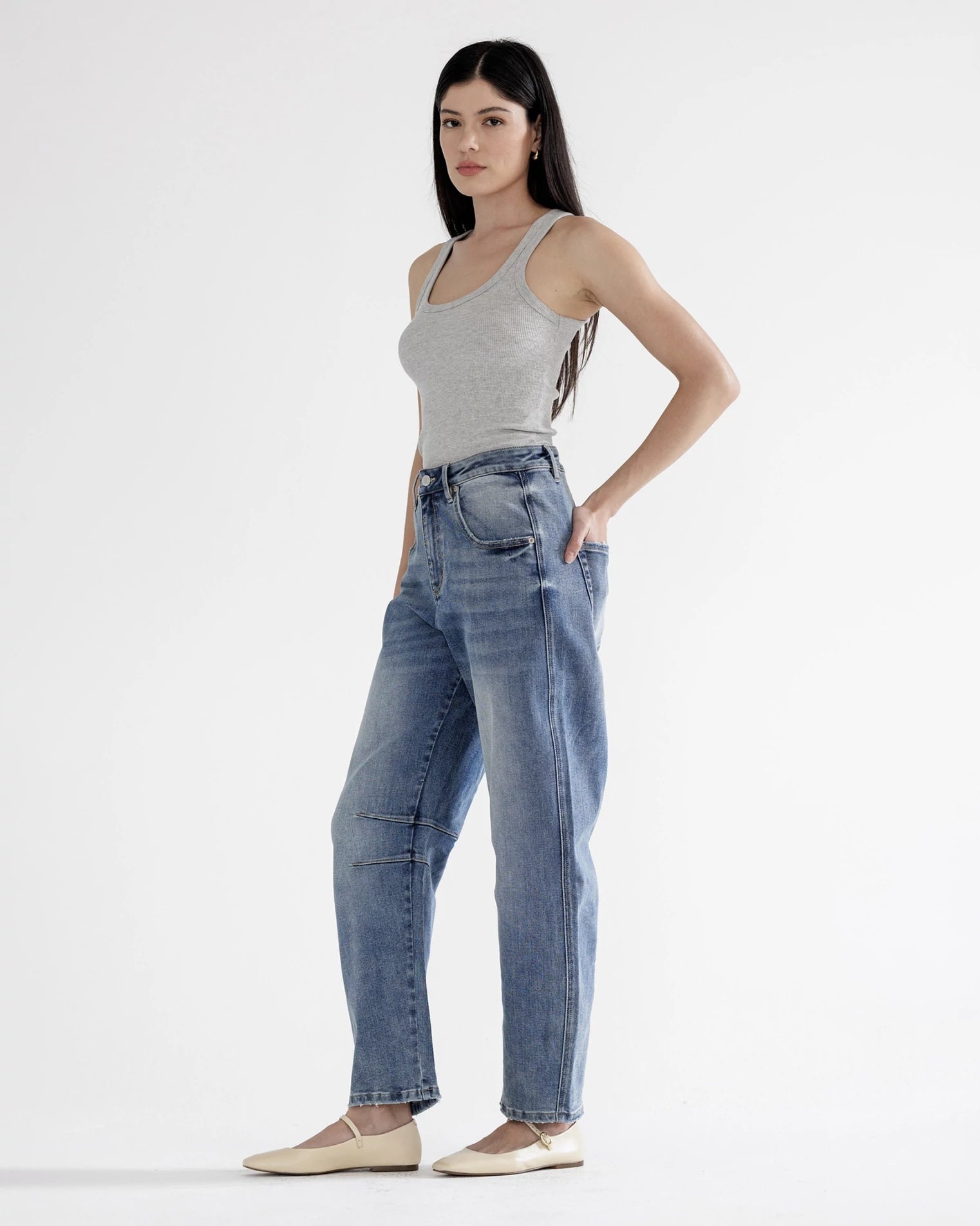 Dark Sapphire $|& Mica Denim Super High Rise Barrel Leg Jeans - VOF Side