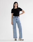 Maya Blue $|& Mica Denim High Rise Cargo Wide Leg Jeans - VOF Front