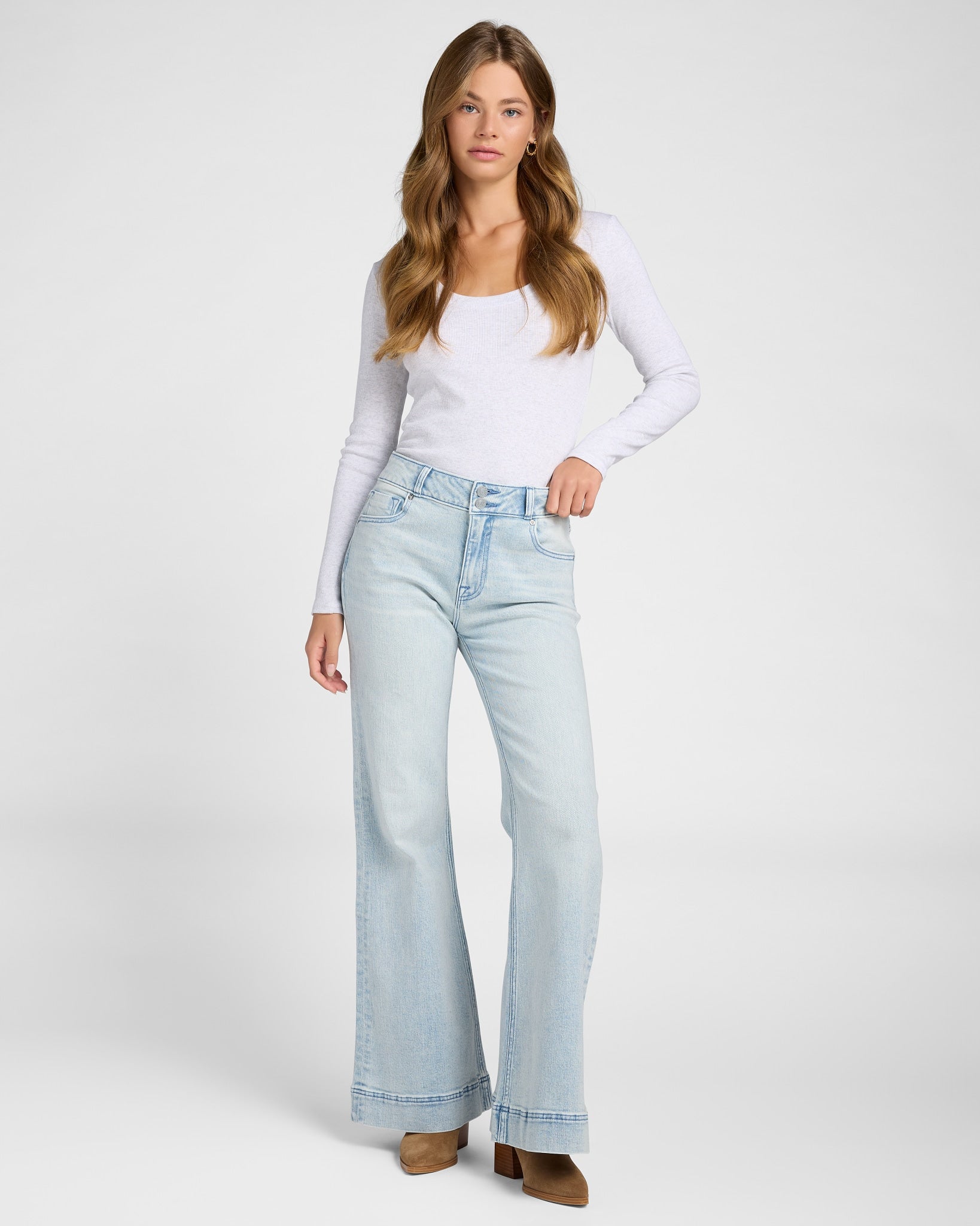 Light Wash $|& Vigoss Double Button Flare Leg Jeans - SOF Full Front
