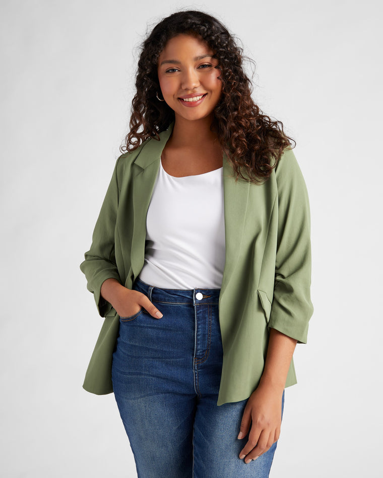 Olive $|& Skies Are Blue Shirred Sleeve Blazer - SOF Front