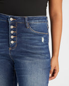 Dark Blue $|& Bayeas High Rise Button Fly Skinny Jeans - SOF Detail