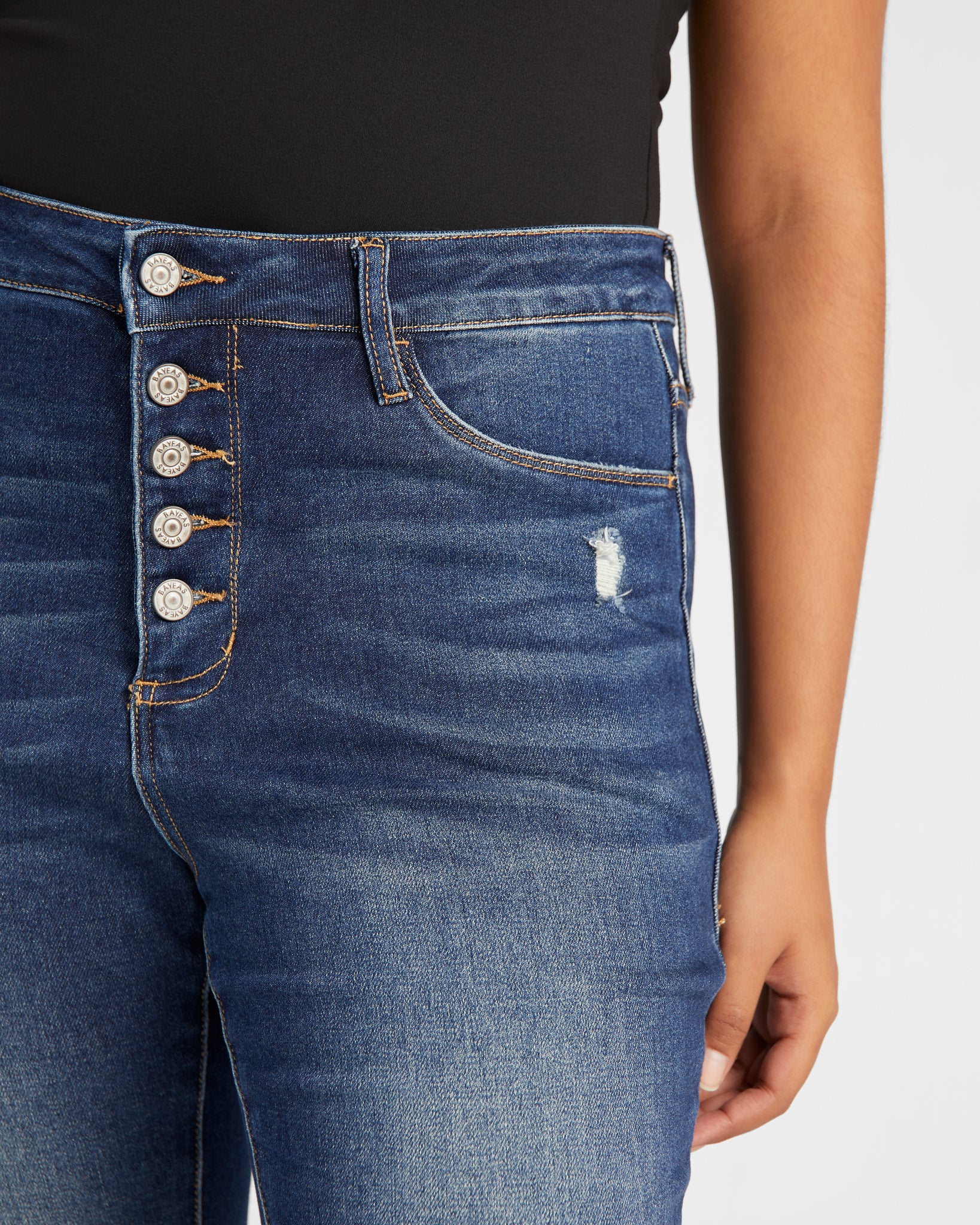 Dark Blue $|& Bayeas High Rise Button Fly Skinny Jeans - SOF Detail