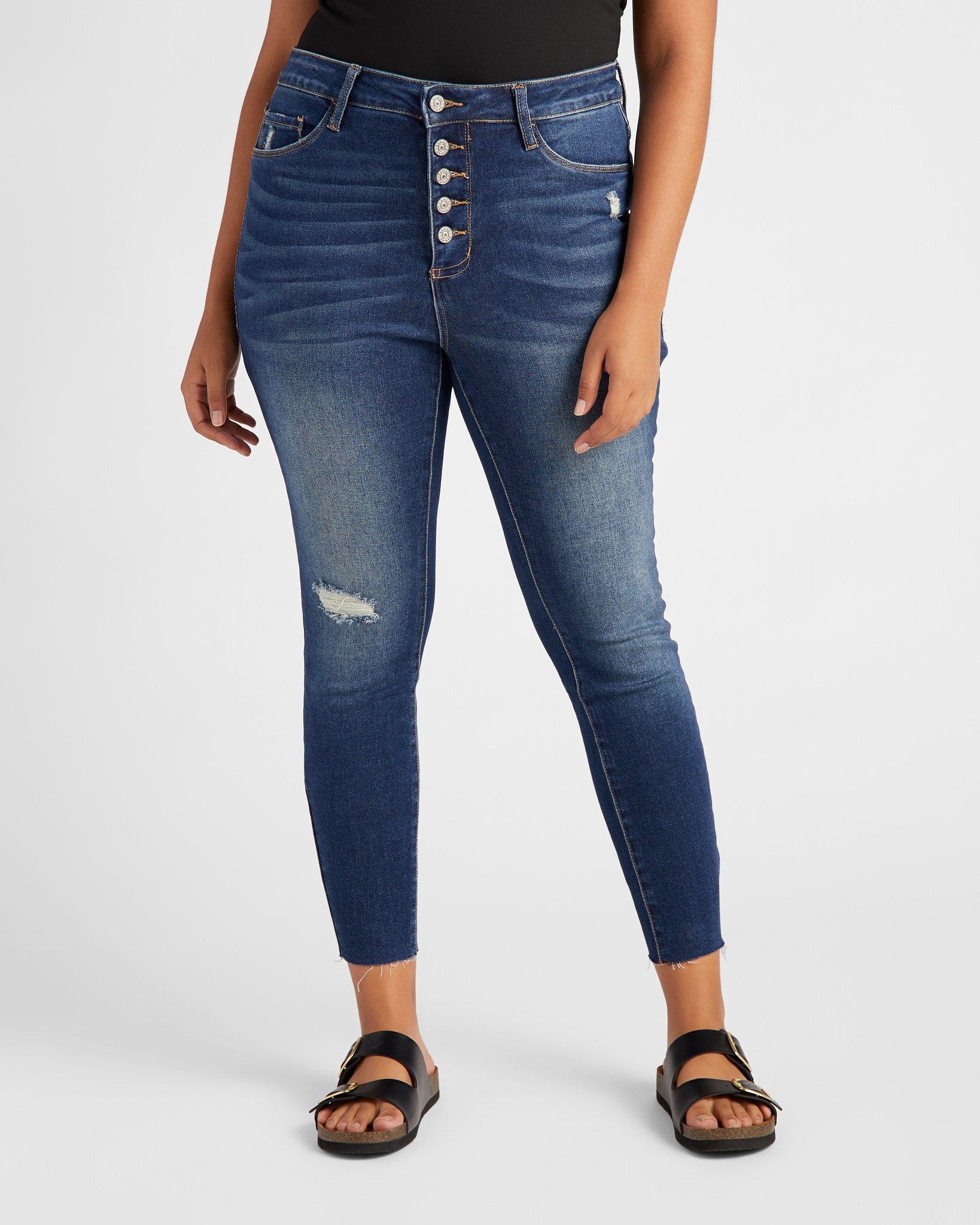 Dark Blue $|& Bayeas High Rise Button Fly Skinny Jeans - SOF Front