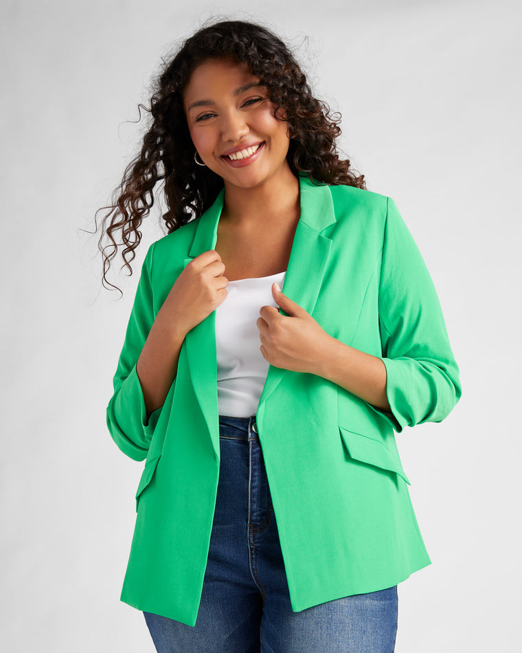 Fresh Green $|& Skies Are Blue Shirred Sleeve Blazer - SOF Front