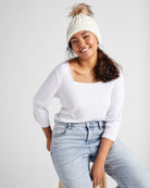 Ivory $|& David & Young Knit Beanie with Faux Fur Pom & Lining - SOF Full Front