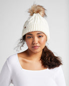 Ivory $|& David & Young Knit Beanie with Faux Fur Pom & Lining - SOF Front