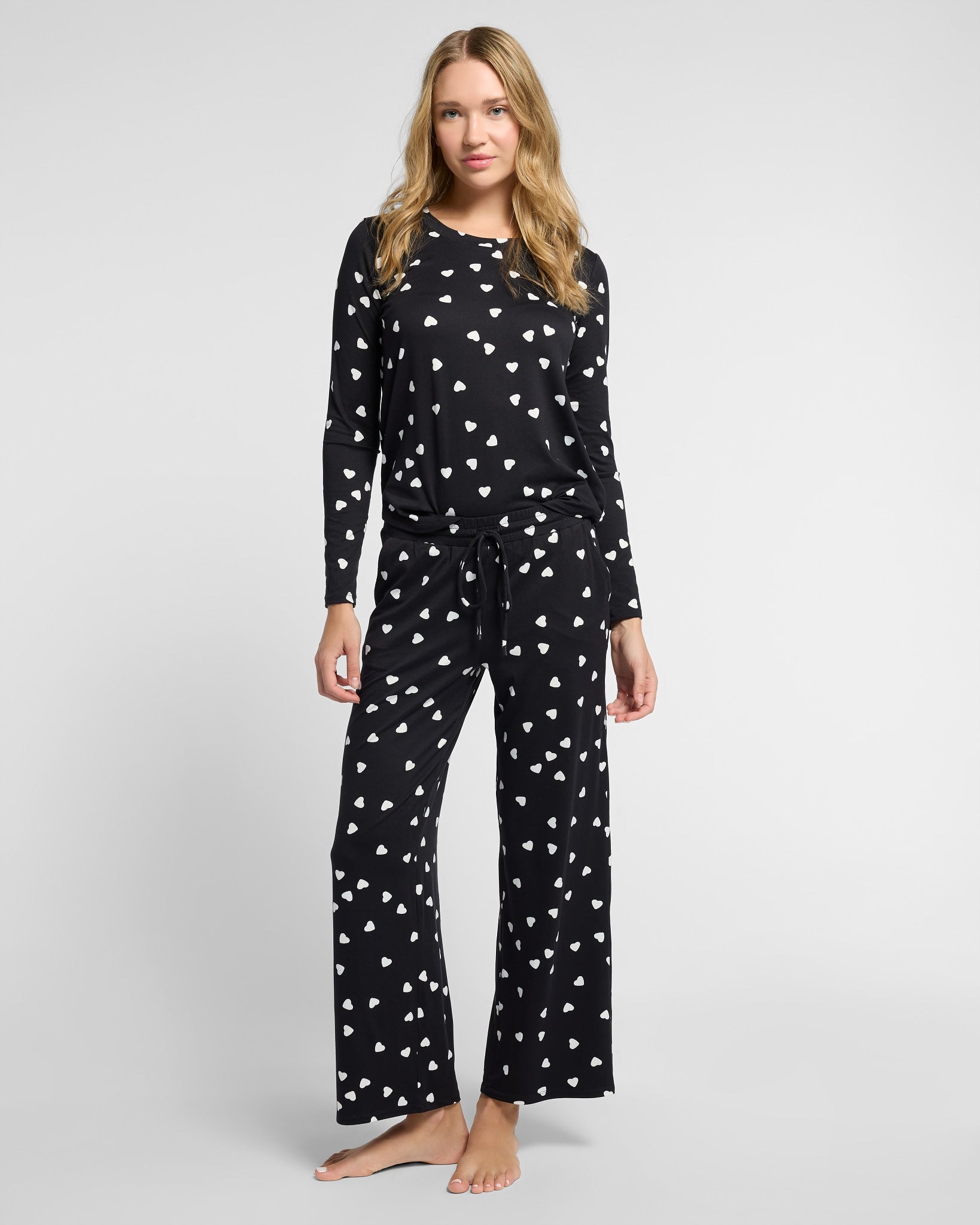 Black/Ivory Hearts $|& Bobeau Sleepwear Printed Butter Knit Long Sleeve Top & Pant - SOF Front