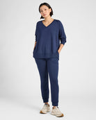 Navy $|& Interval Flex Fleece V-Neck Top - SOF Full Front