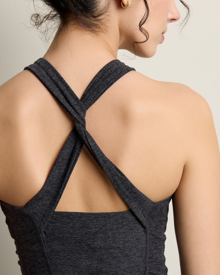 Heather Charcoal $|& Interval Flair Twist Back High Hip Tank - SOF Full Front