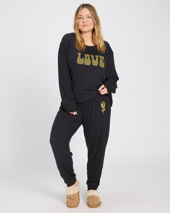 Black $|& SEAS Hacci Graphic Crew "Love Language" Graphic Pullover - UGC On Fig