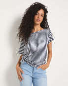 Mariner Midnight Stripe $|& SEAS Edgewater Off The Shoulder Tee - SOF Front