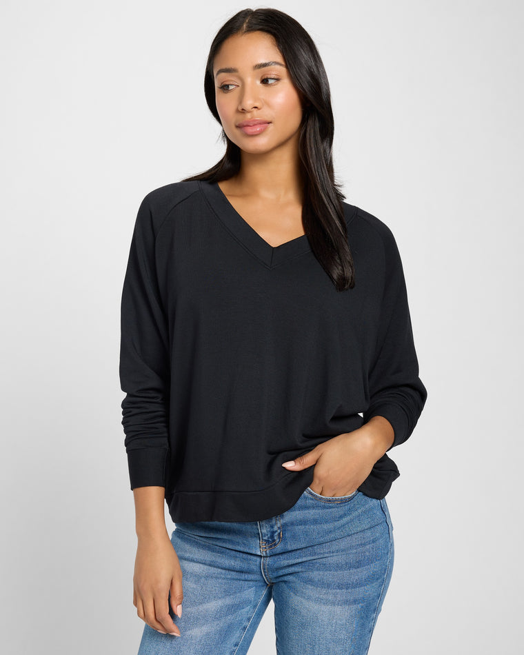 Black $|& SEAS Palmer Ranch Fleece V-Neck Top - SOF Front