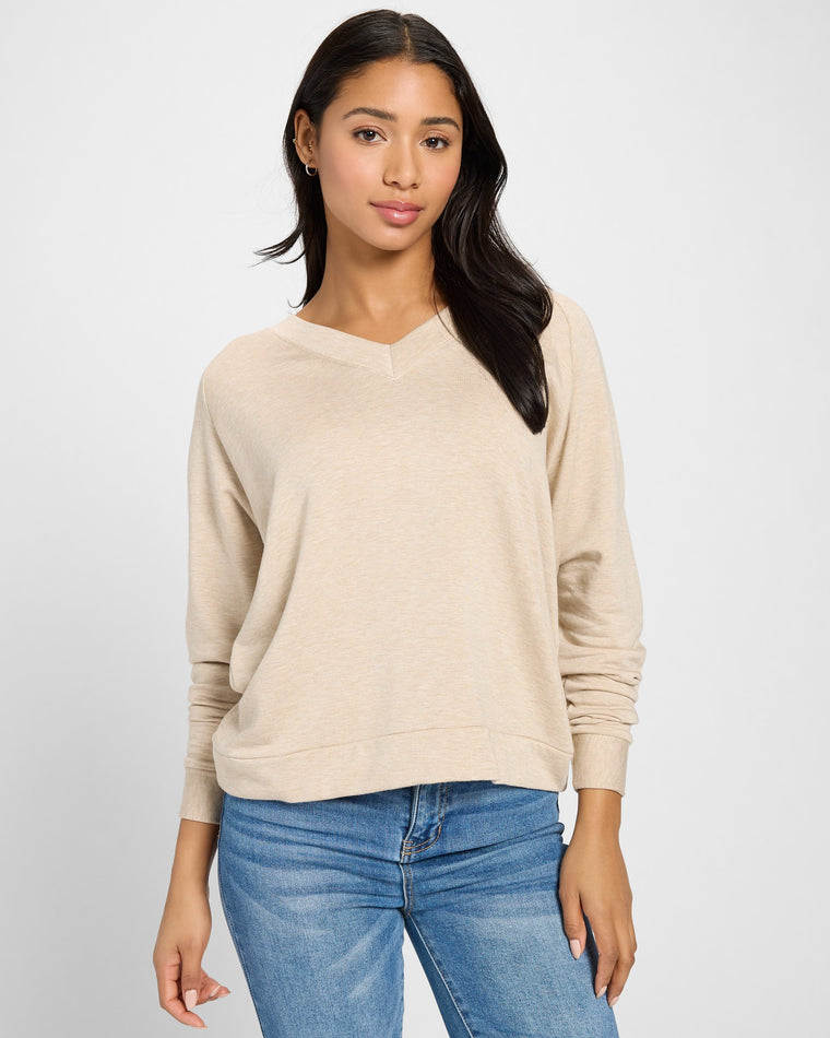 Oatmeal $|& SEAS Palmer Ranch Fleece V-Neck Top - SOF Front