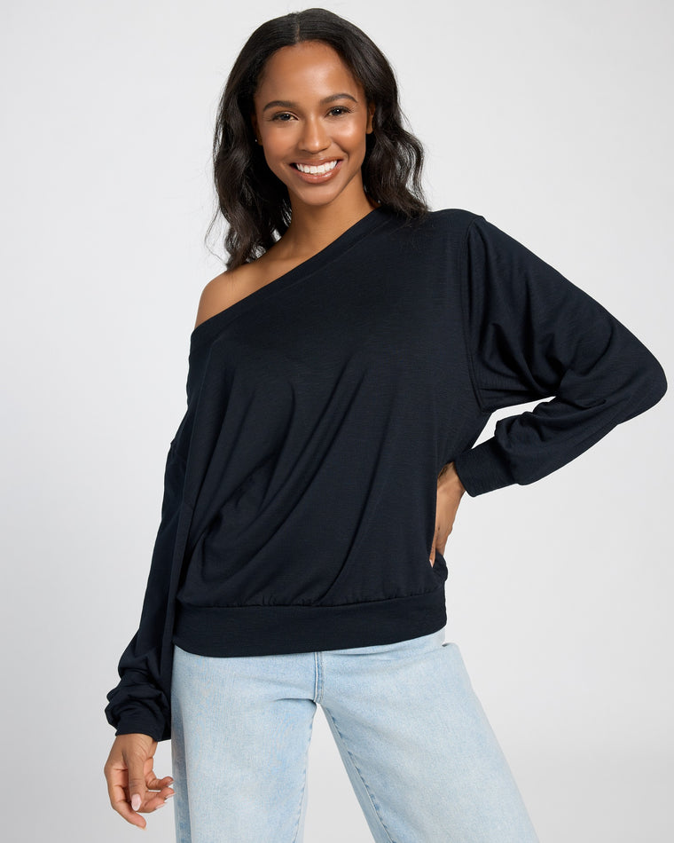 Black $|& SEAS Brooksville Slub Off The Shoulder Top - SOF Front