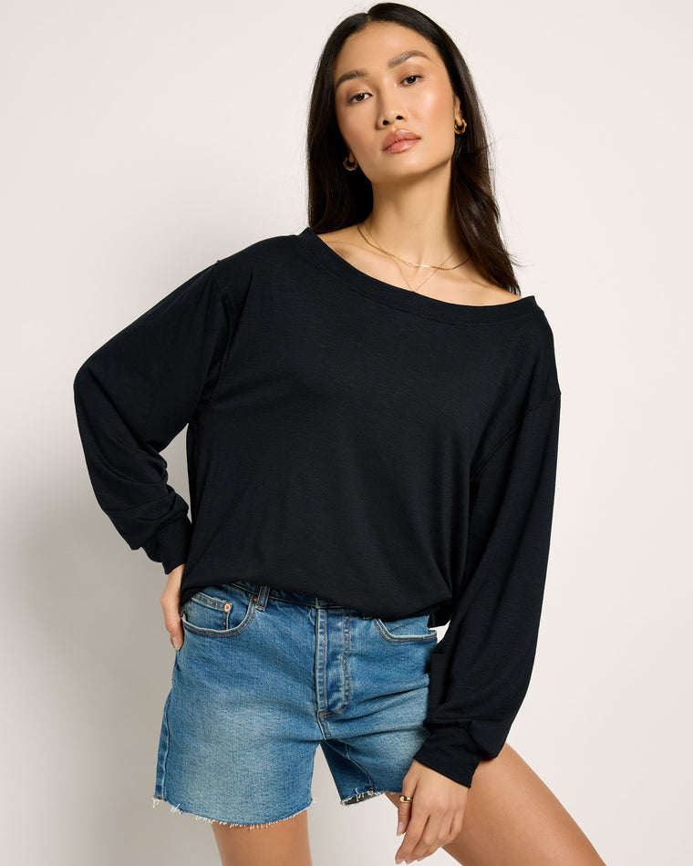 Black $|& SEAS Brooksville Slub Off The Shoulder Top - SOF Front