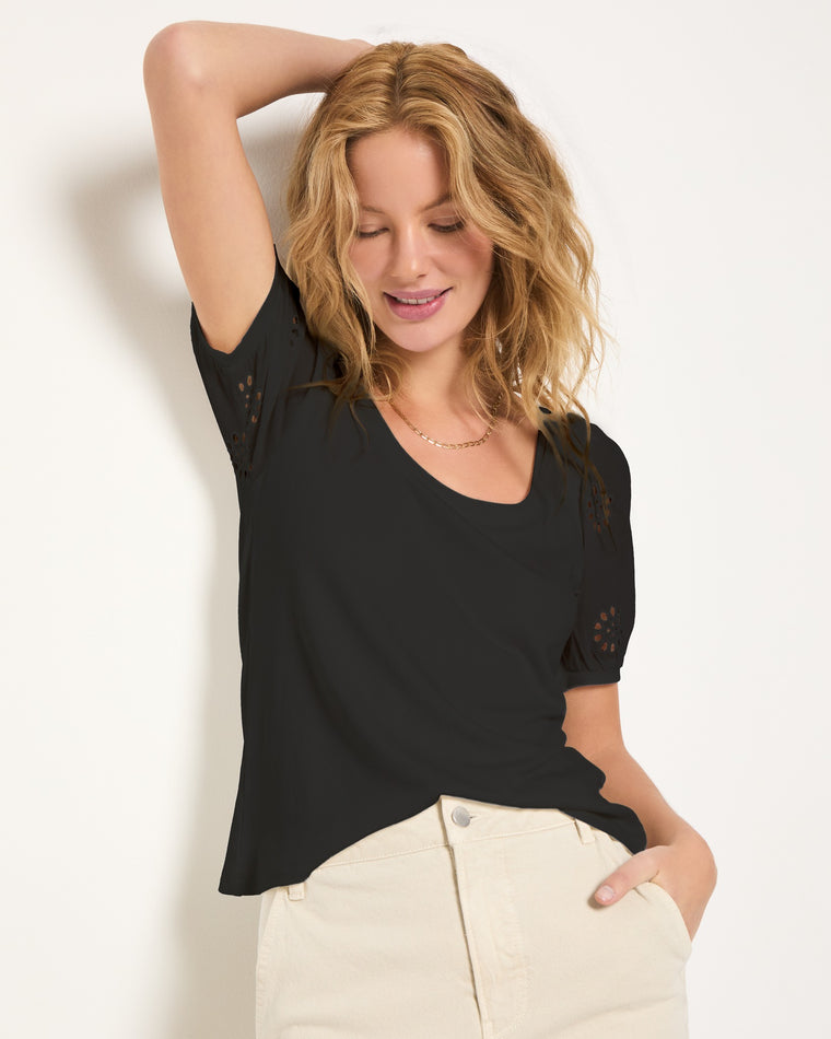 Black $|& SEAS Seaglass Eyelet Sleeve Tee - VOF Front