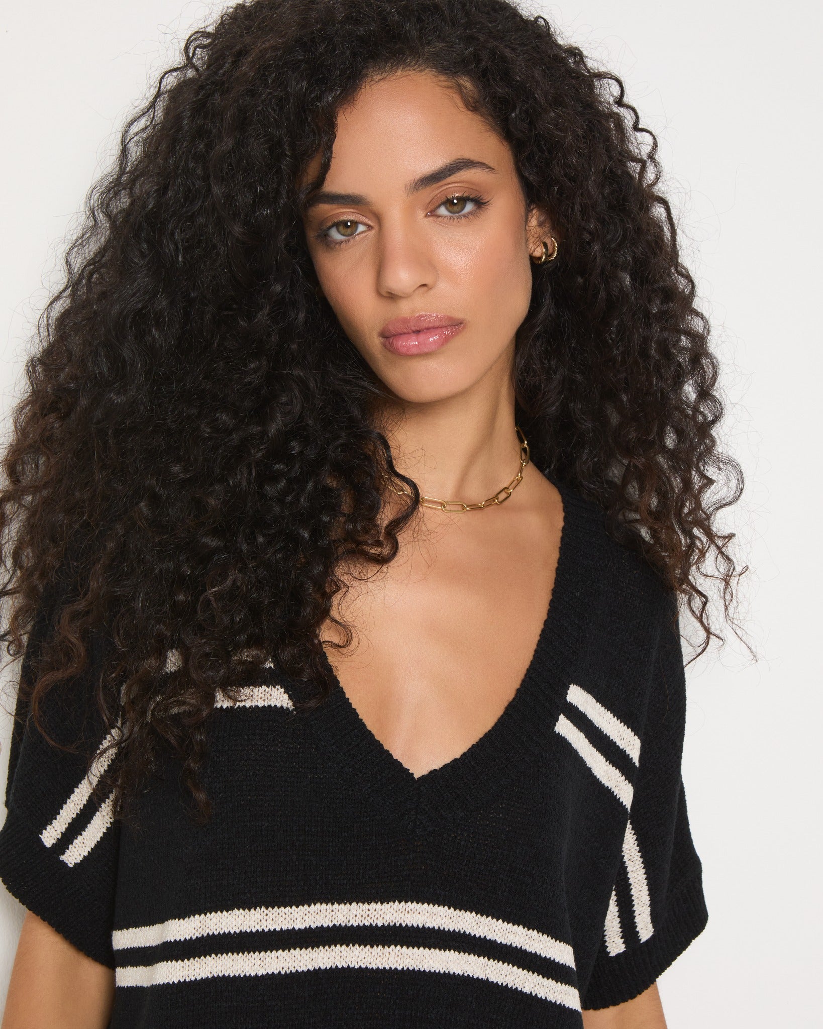 Black Stripe $|& SEAS Wavetide Stripe V-Neck Sweater Tee - SOF Full Front