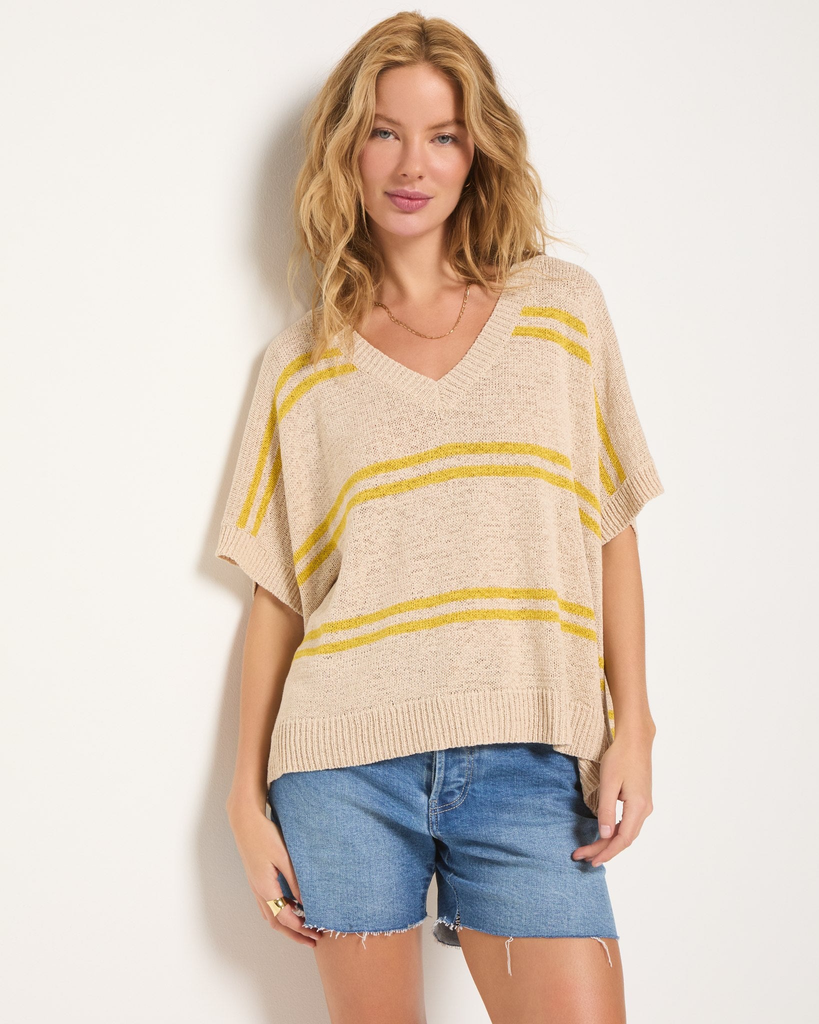 Birch Stripe $|& SEAS Wavetide Stripe V-Neck Sweater Tee - SOF Front