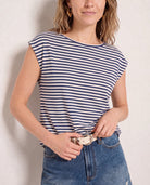 Amber Haze Stripe $|& SEAS Brentwood Boat Neck Stripe Top - SOF Full Front