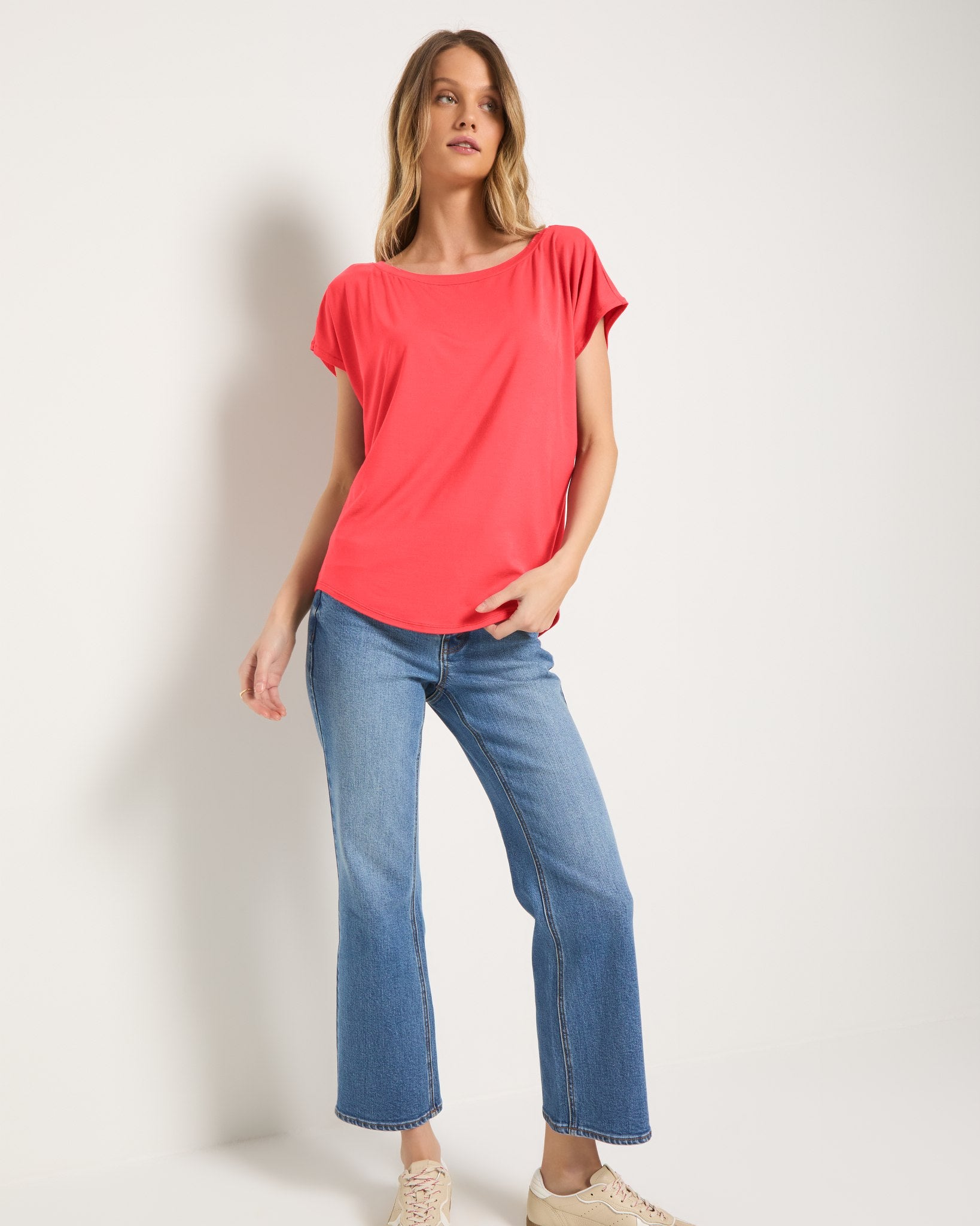 Coral $|& SEAS Edgewater Off The Shoulder Tee - SOF Front