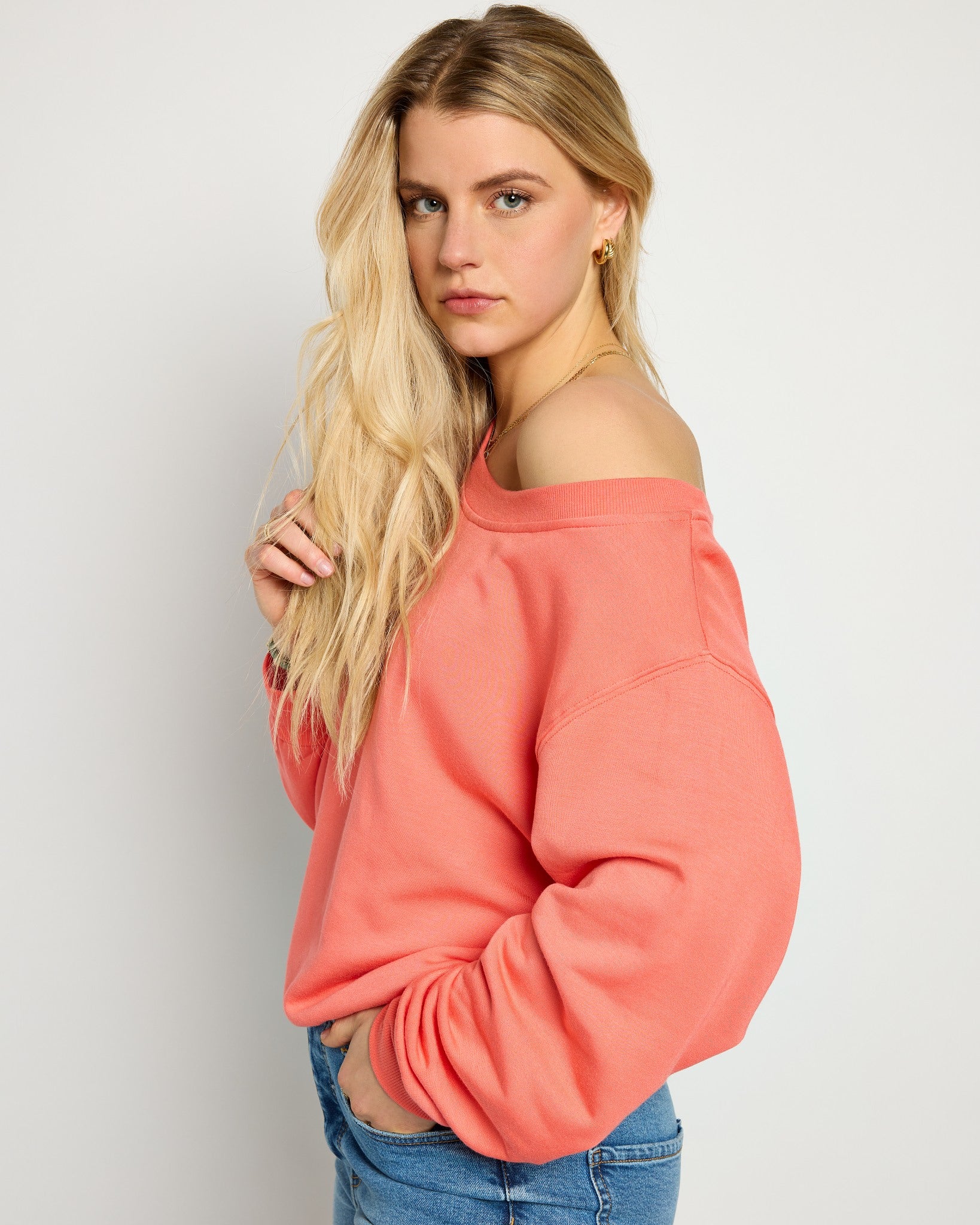 Coral $|& SEAS Brooksville One Shoulder Sweatshirt - SOF Back