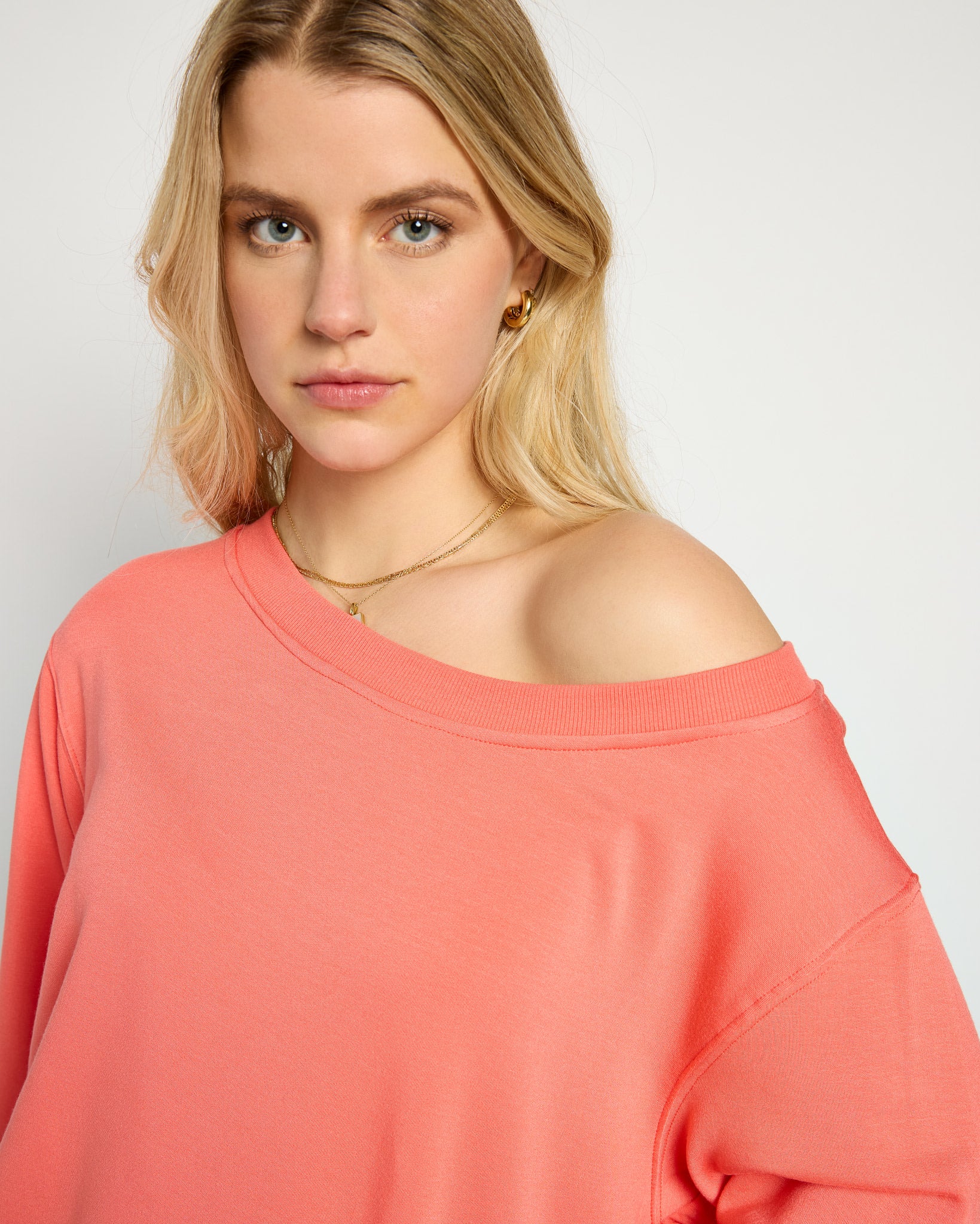Coral $|& SEAS Brooksville One Shoulder Sweatshirt - SOF Full Front