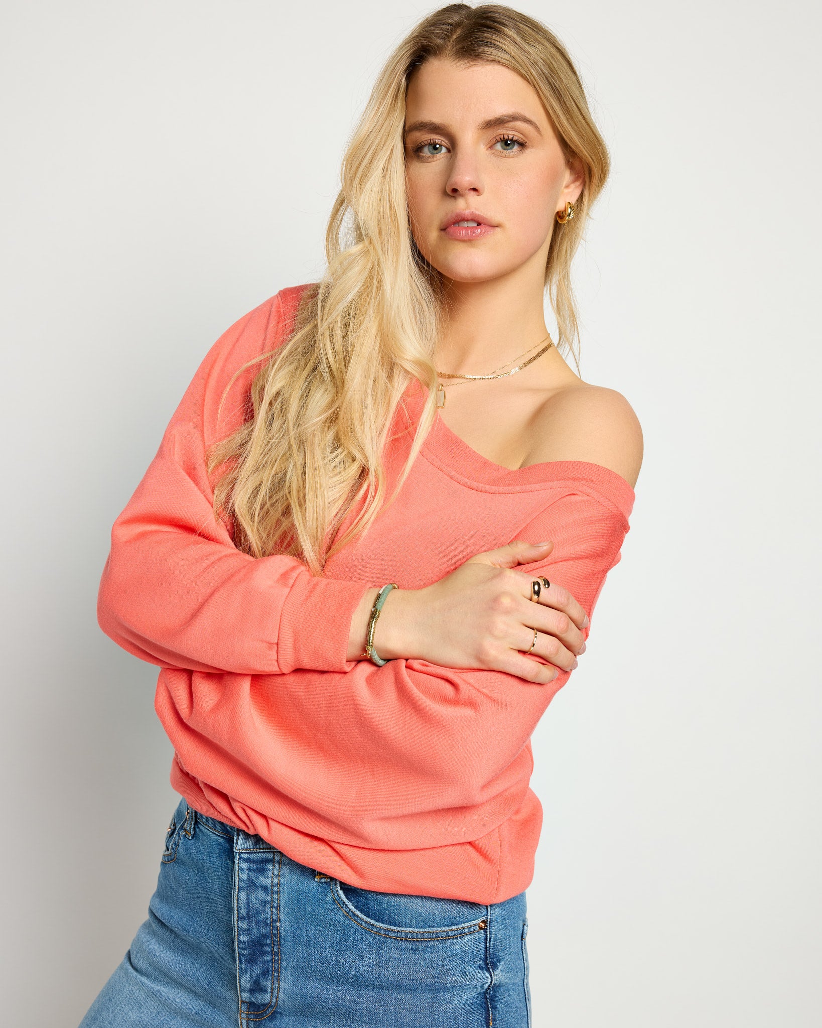 Coral $|& SEAS Brooksville One Shoulder Sweatshirt - SOF Front