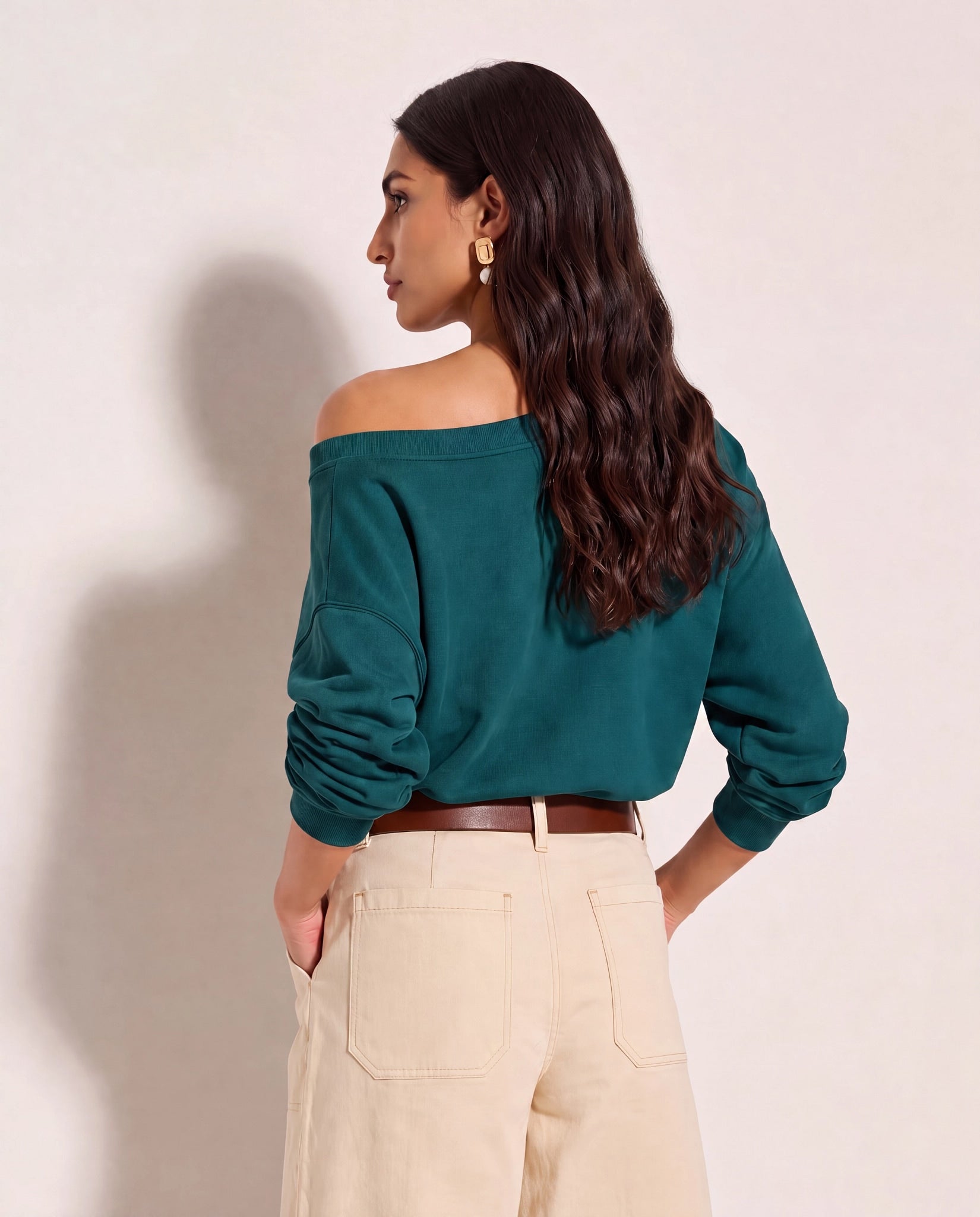 Deep Teal $|& SEAS Brooksville One Shoulder Sweatshirt - SOF Side