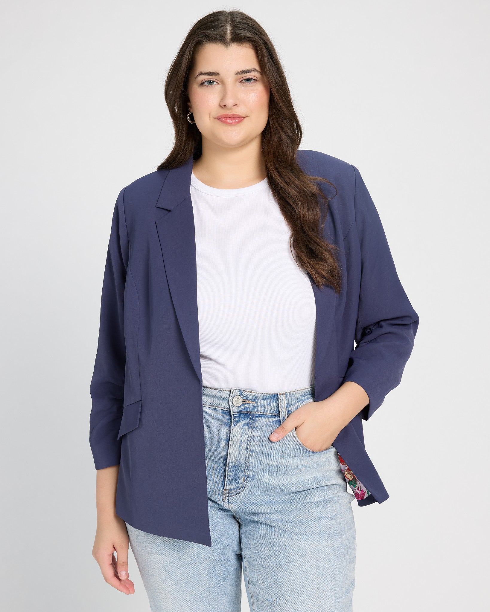 Oxford Blue $|& Skies Are Blue Recycled Shirred Sleeve Blazer - SOF Front