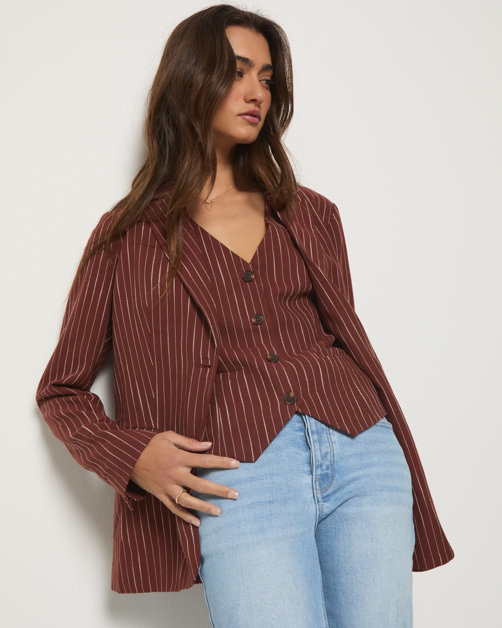 Cinnamon Stripe $|& SEAS Canyon Linen Blend Vest - VOF Front