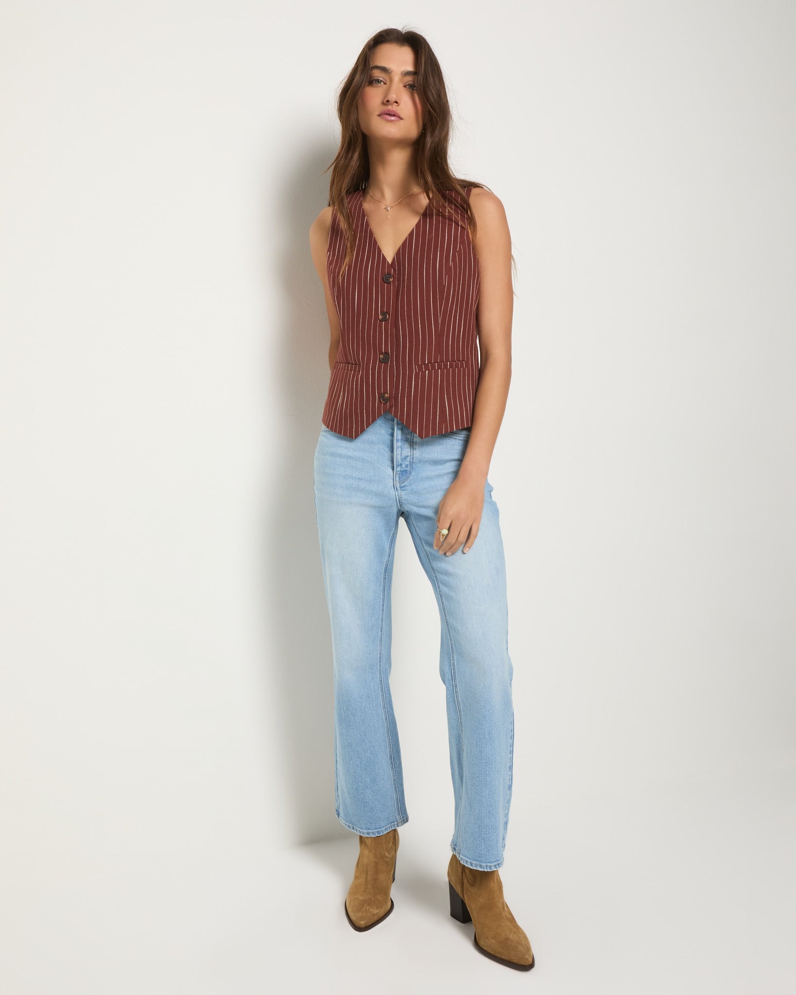 Cinnamon Stripe $|& SEAS Canyon Linen Blend Vest - UGC On Fig