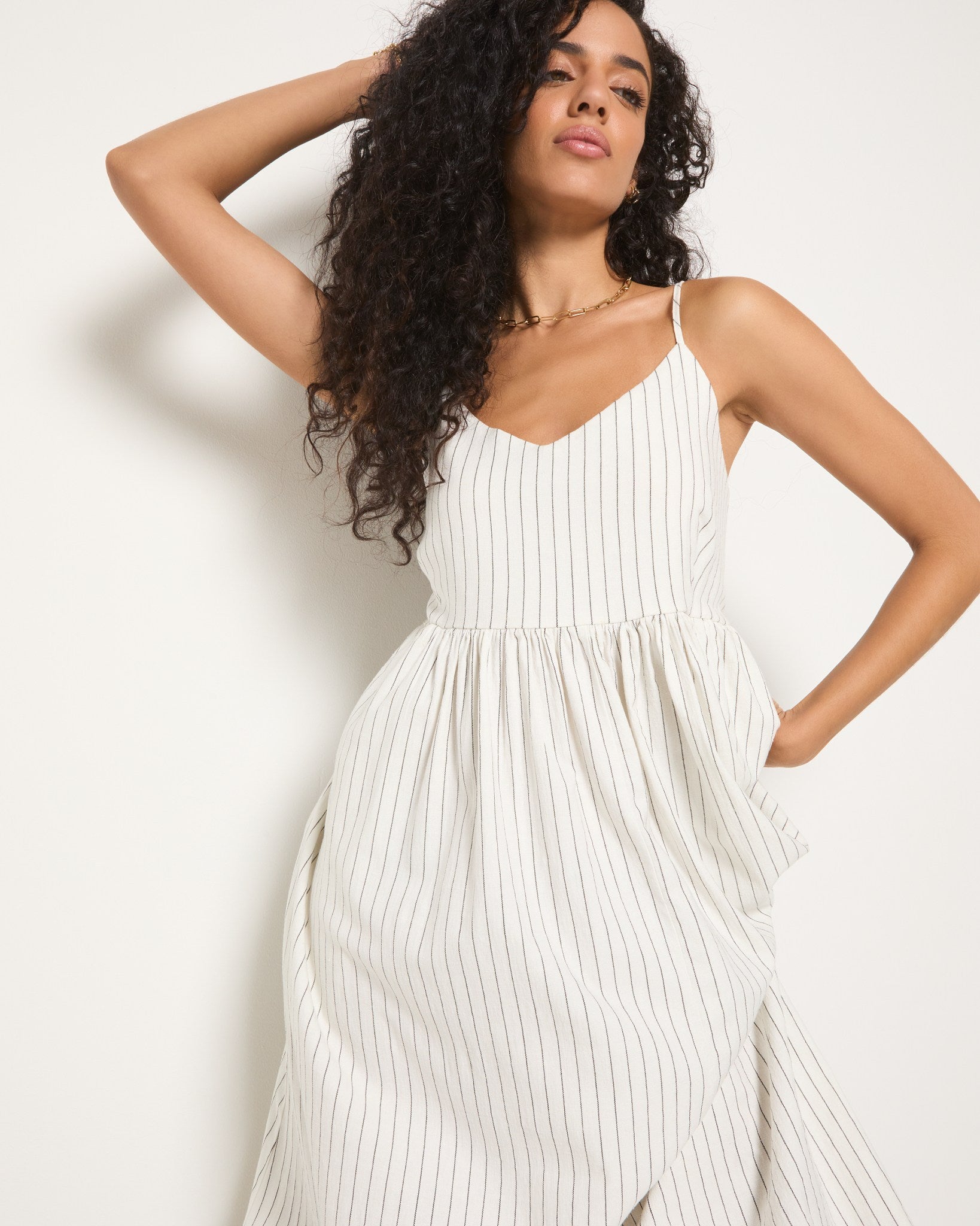 White Stripe $|& SEAS Shores Stripe Linen Maxi Dress - SOF Full Front