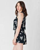 Black/Ivory Floral $|& Black Tape Embroidered Pull On Short - Hanger Front