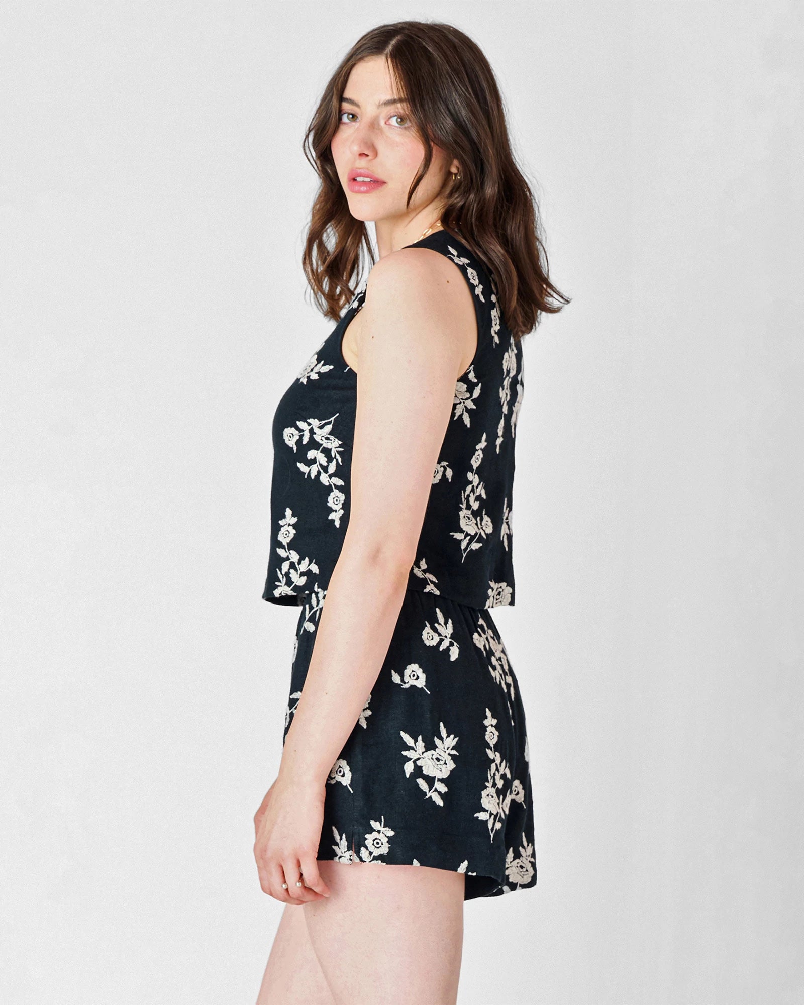 Black/Ivory Floral $|& Black Tape Embroidered Pull On Short - Hanger Front