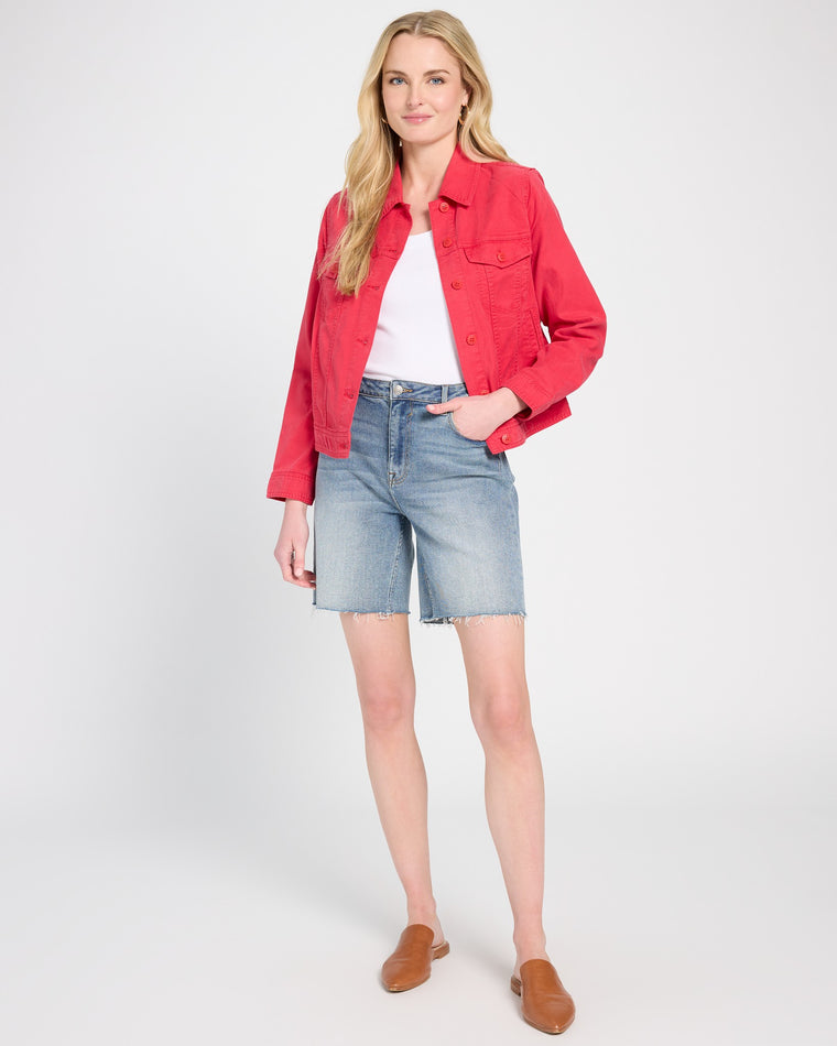 Geranium Pink $|& Liverpool Linen-Blend Trucker Jacket with Shirred Back - SOF Detail