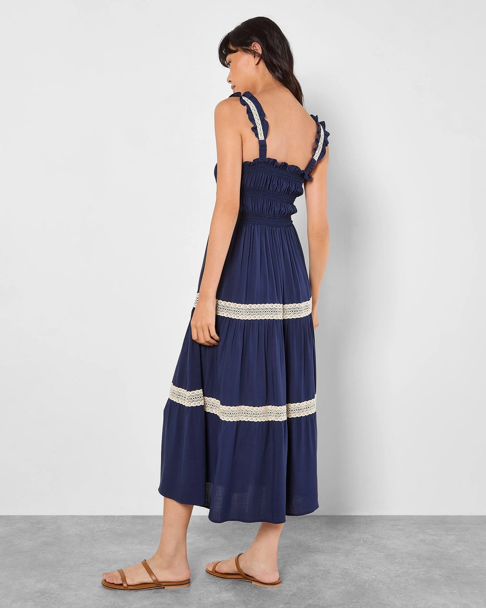 Navy $|& Apricot Smocked Crochet Lace Tiered Dress - Hanger Side