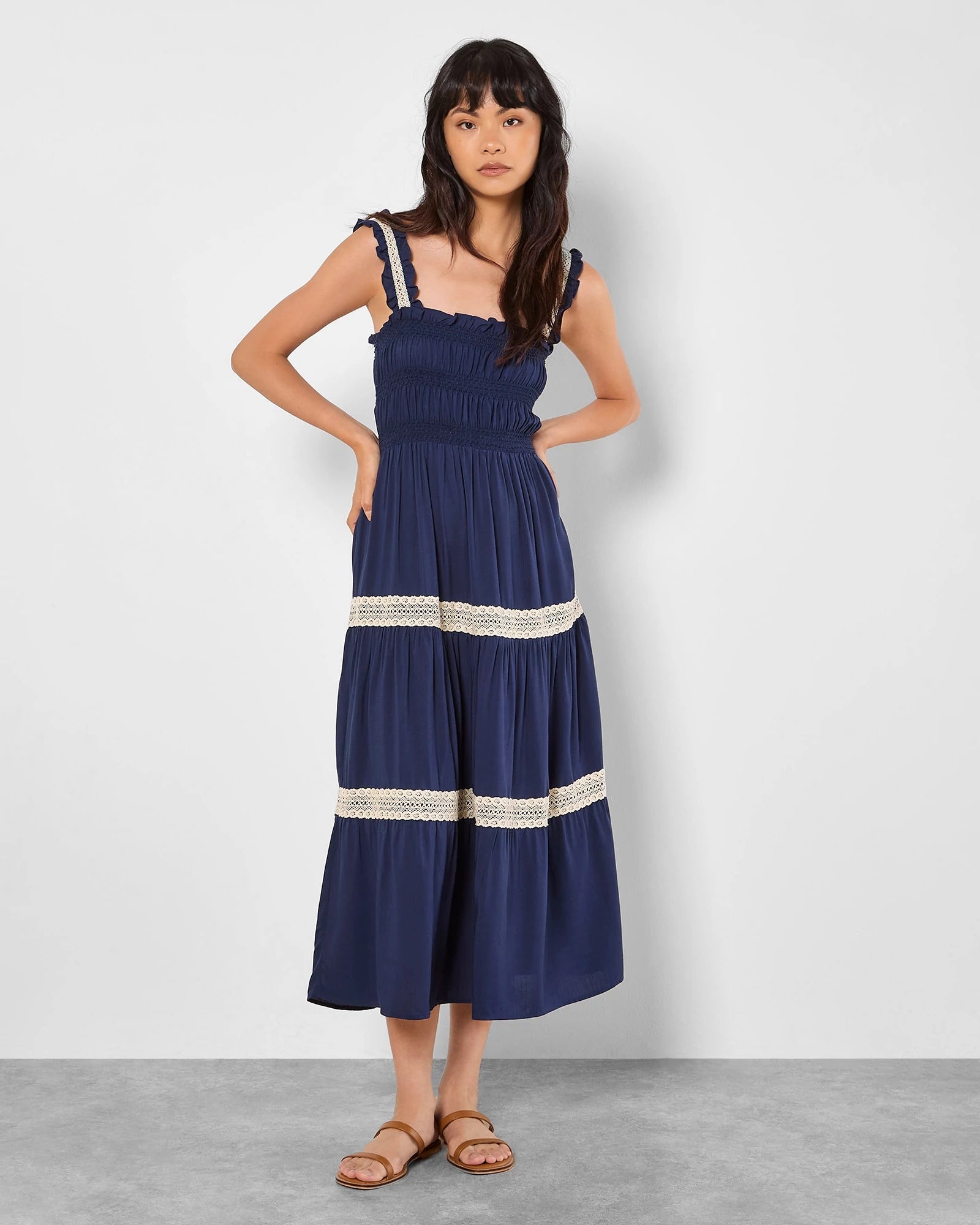 Smocked Crochet Tiered Midi Dress - Boho Viscose Style Wantable Smocked Crochet Tiered Midi Dress - Boho Viscose Style Wantable